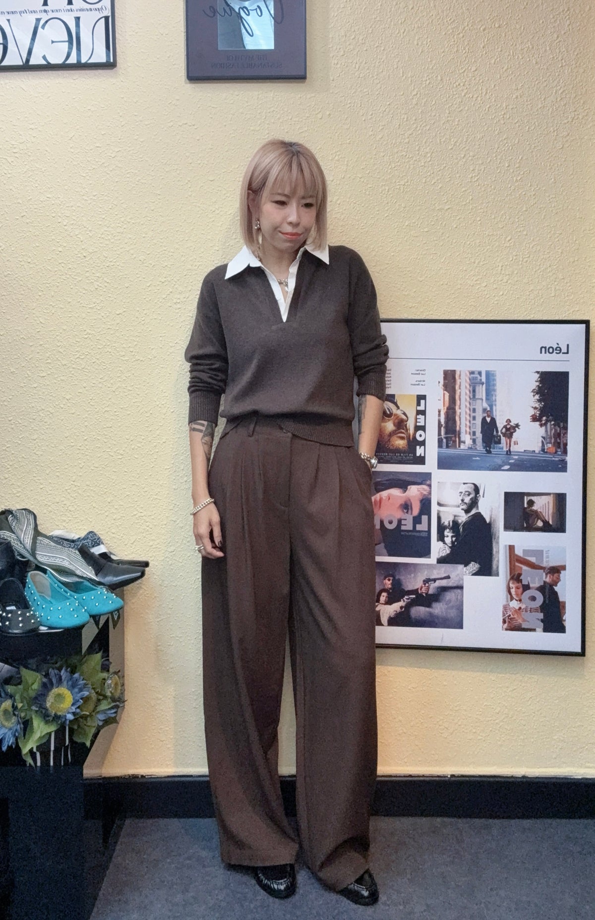 Fake two pieces shirt x knitted top #00970