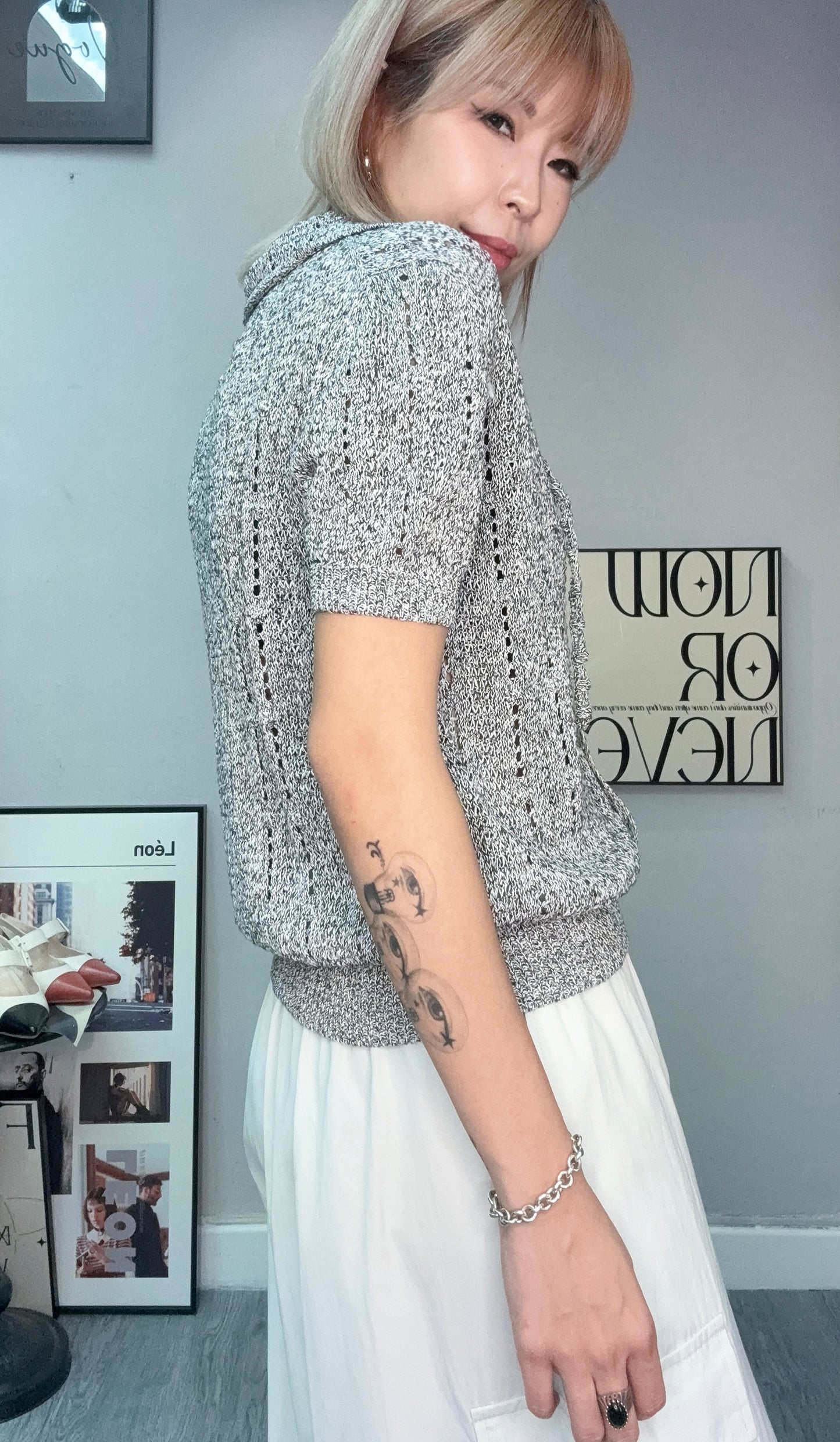 Shirt collar embroidery knit cardigan #00682