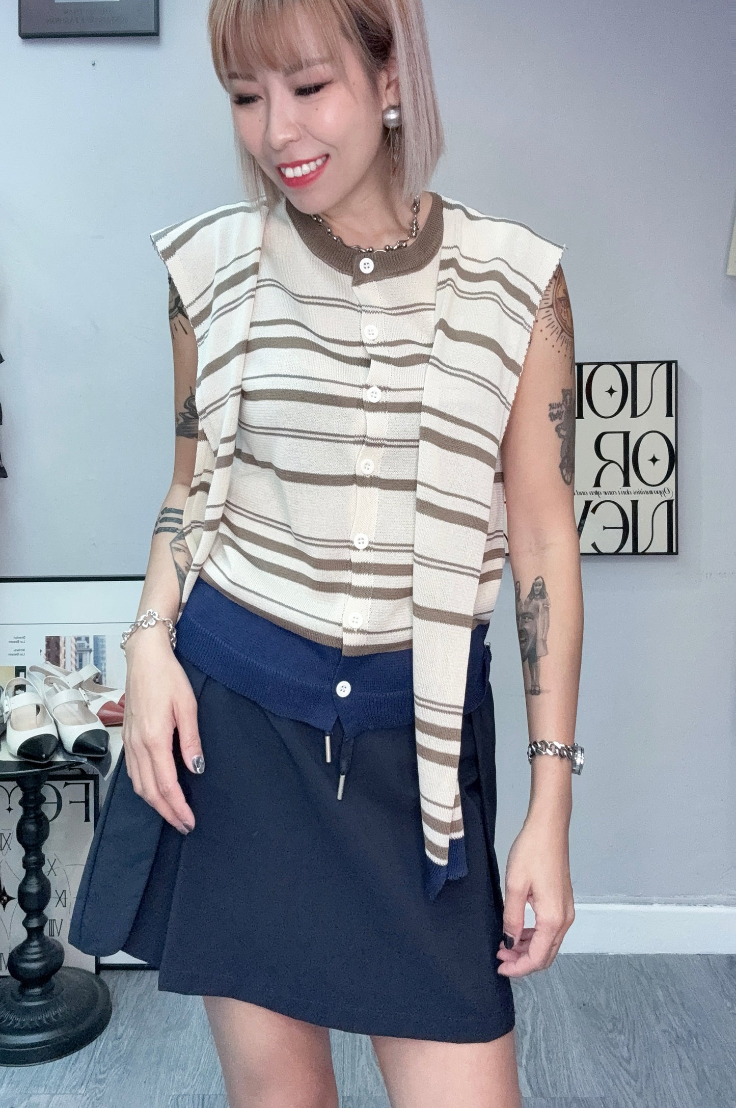 (-20%)With scarf knitted tank cardigan #00778