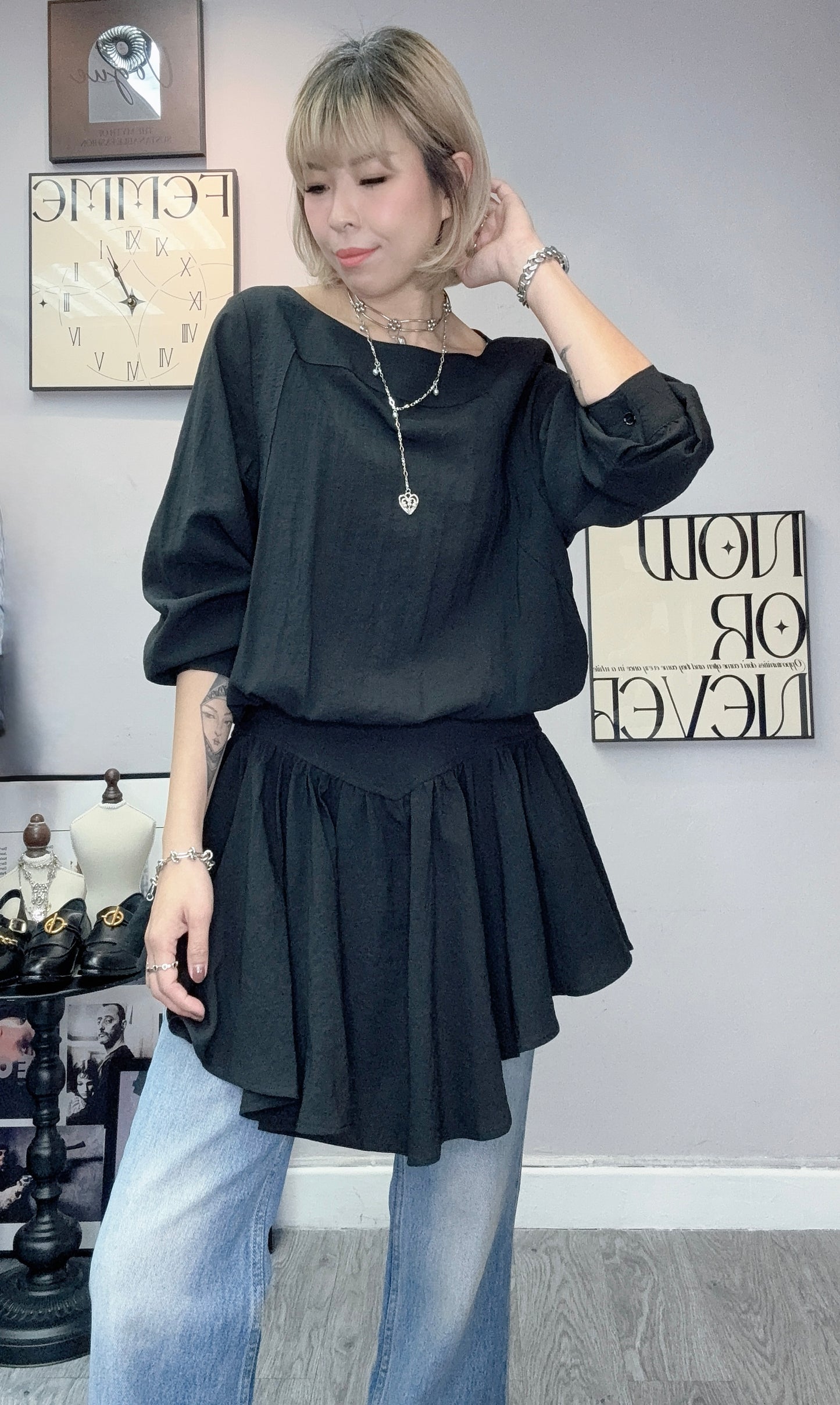 （🏷️-40%)Curved hemline short one piece #00351