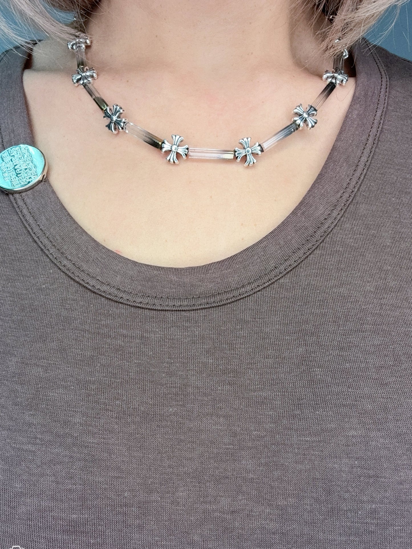 Cross x transparent strip necklace