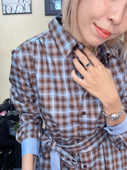 Checkered silky shirt collar one piece #00977