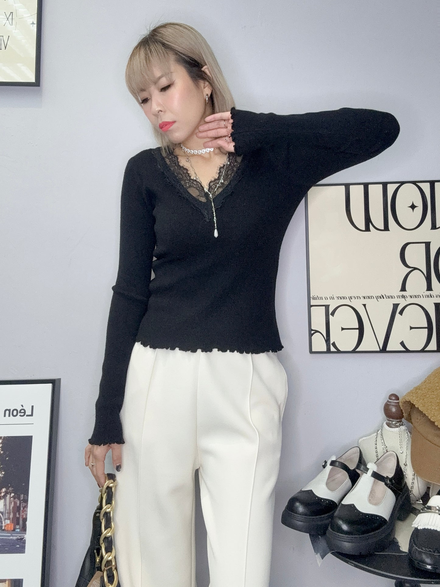 (-20% off)V neck lace knit top #00280