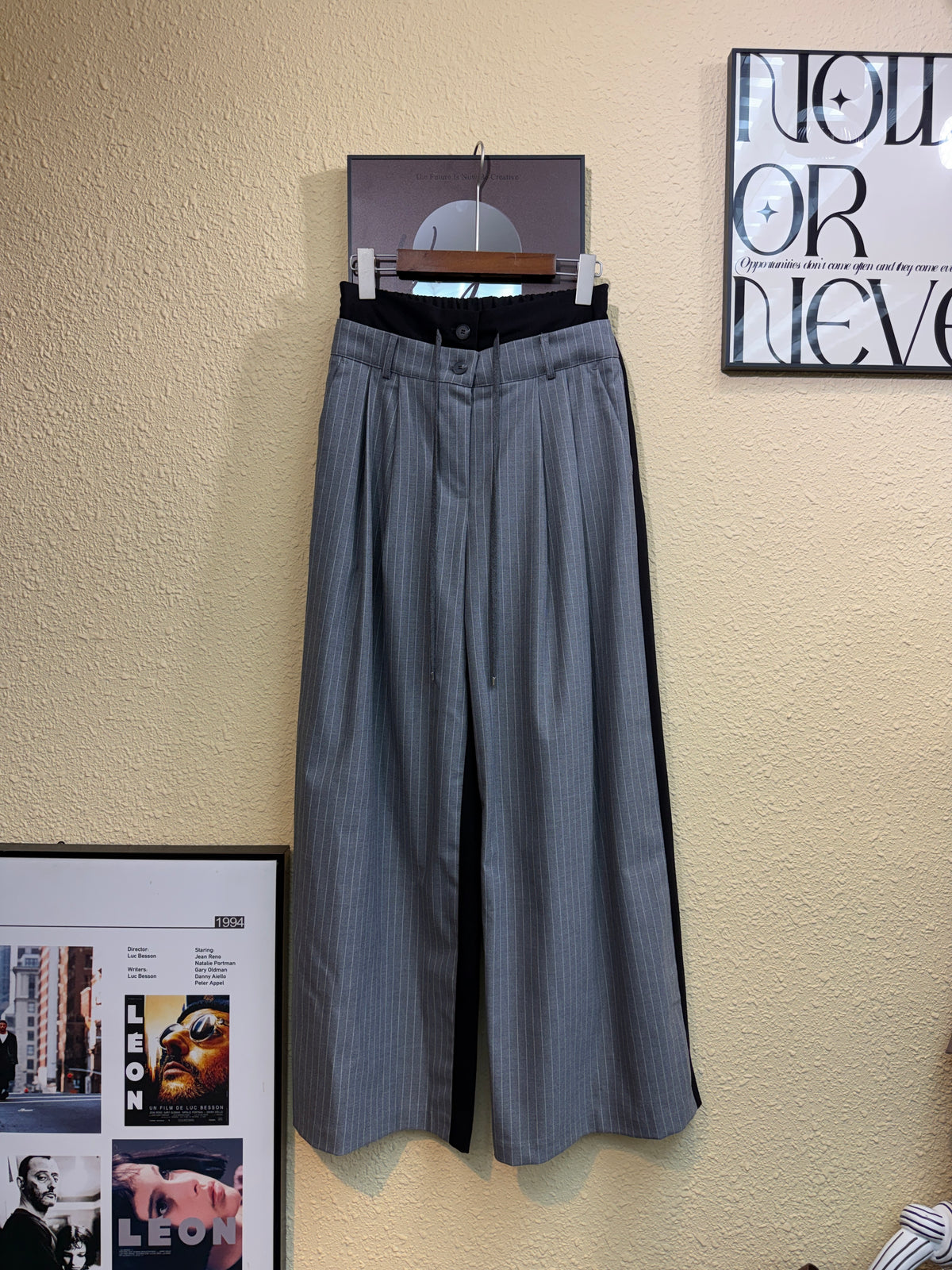 Front striped back plain double waist pants #00976