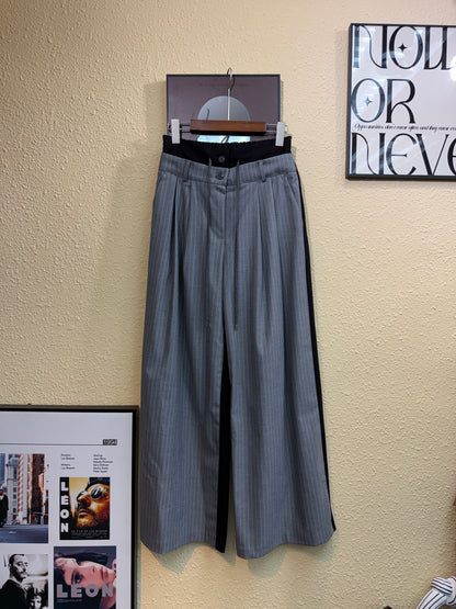 Front striped back plain double waist pants #00976