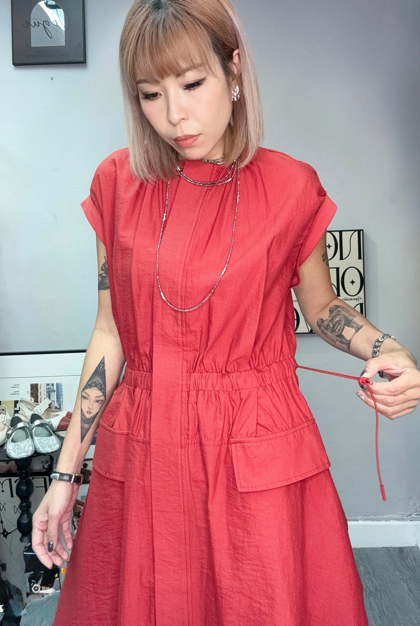 Front pockets cap sleeves one piece #00718