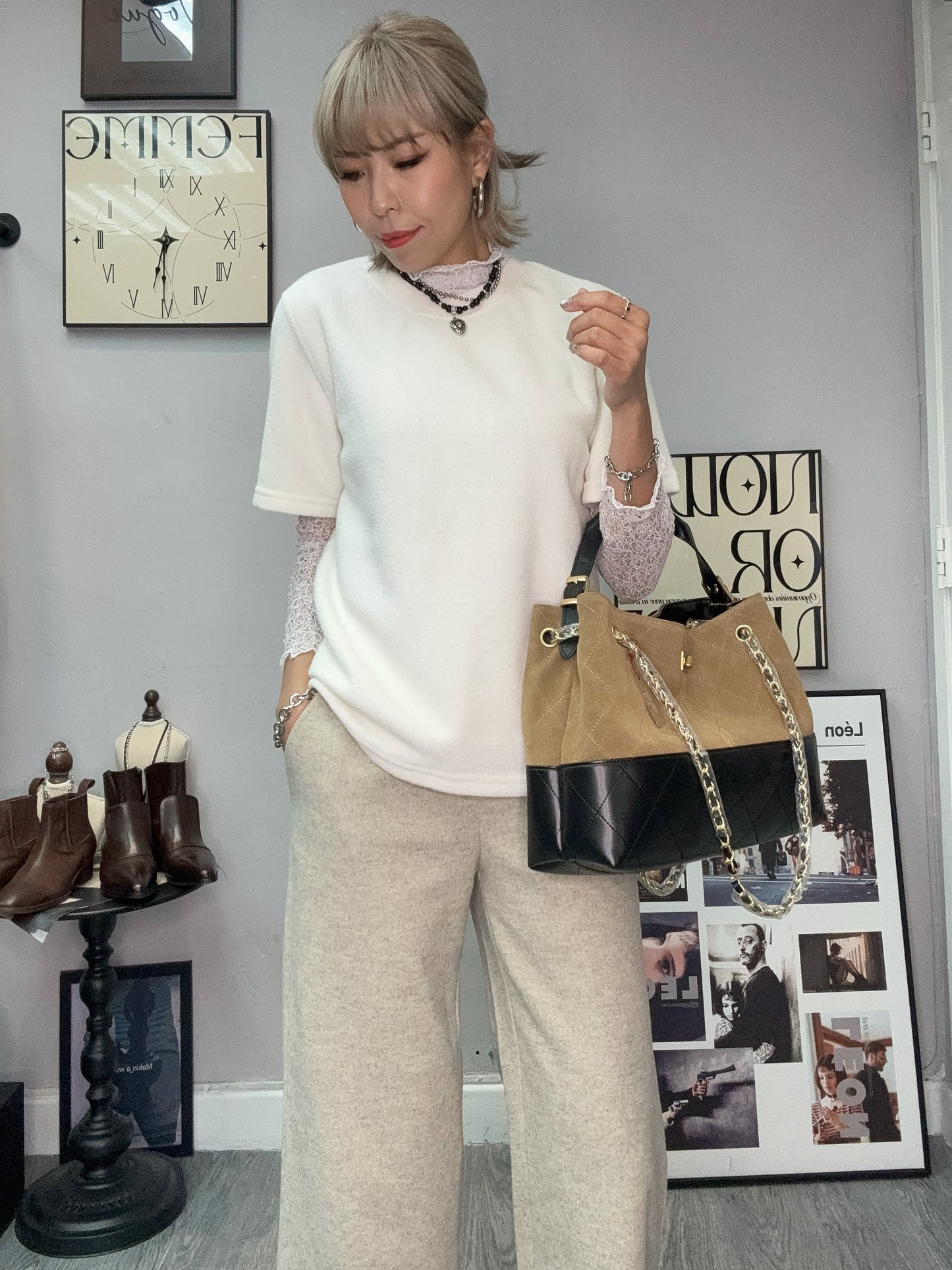 Color-block multiple leather bag