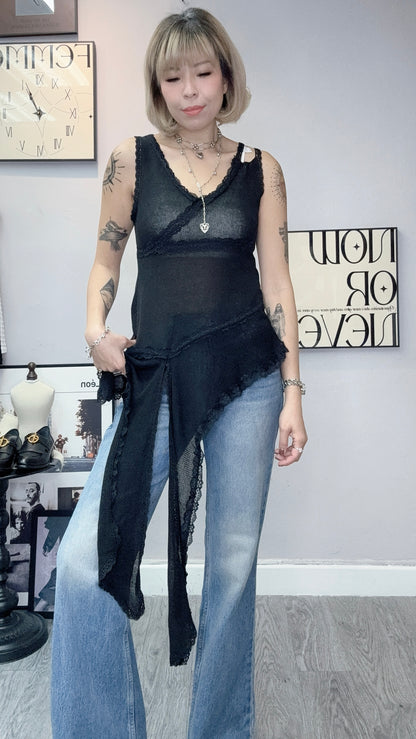 V neck lace irregular hem knit vest top #00356