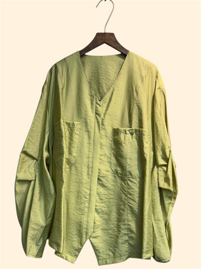 Front pockets v neck slippery fabric shirt #00404