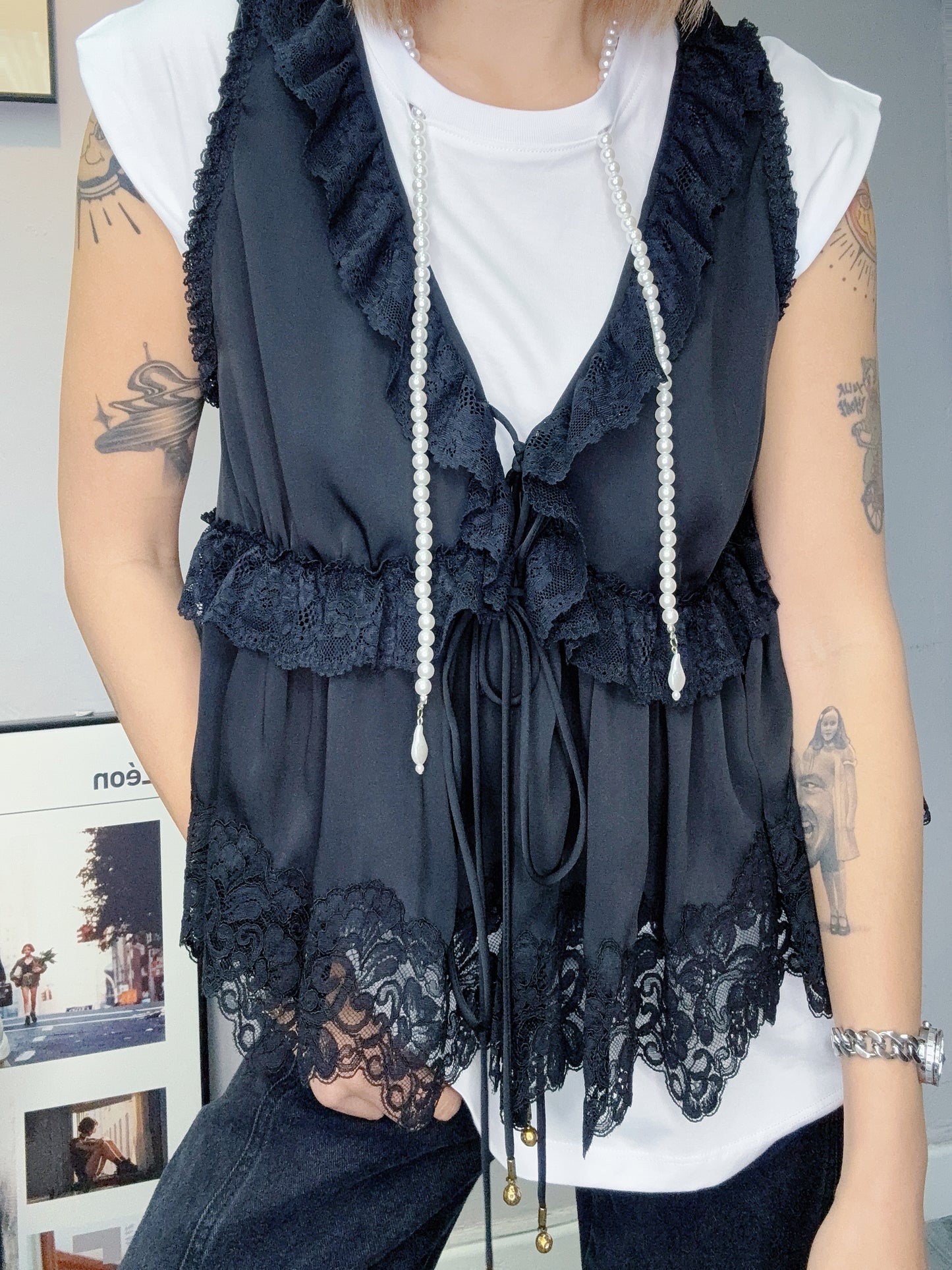 Lace ruff premium chiffon tank blouse #00623