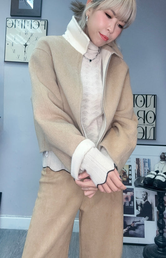 Shirt collar cashmere short zip jacket #00117