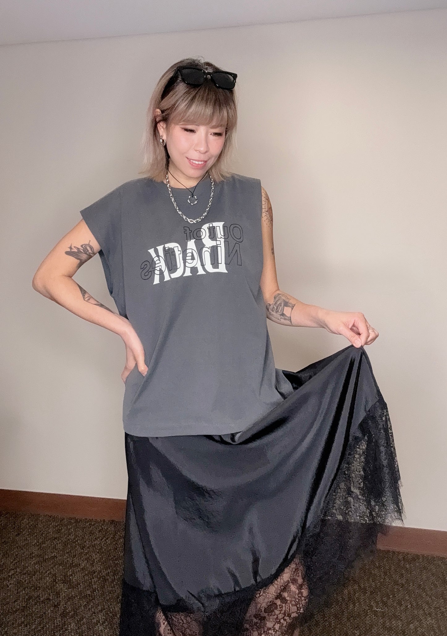 Words sleeves tee X satin lace bottom one piece #00519