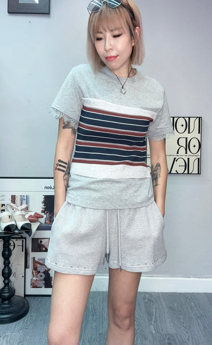 (-20%)striped tube lace trim sleeves tee #00770