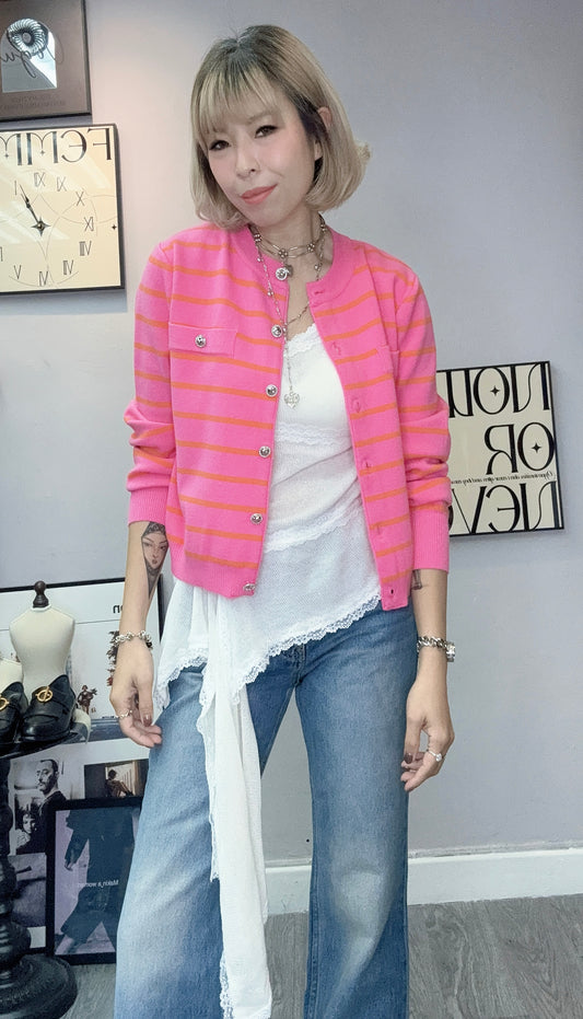 Silver buttons stripe knit cardigan #00355