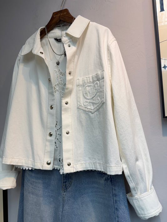 Embroidery pocket short denim jacket #00344