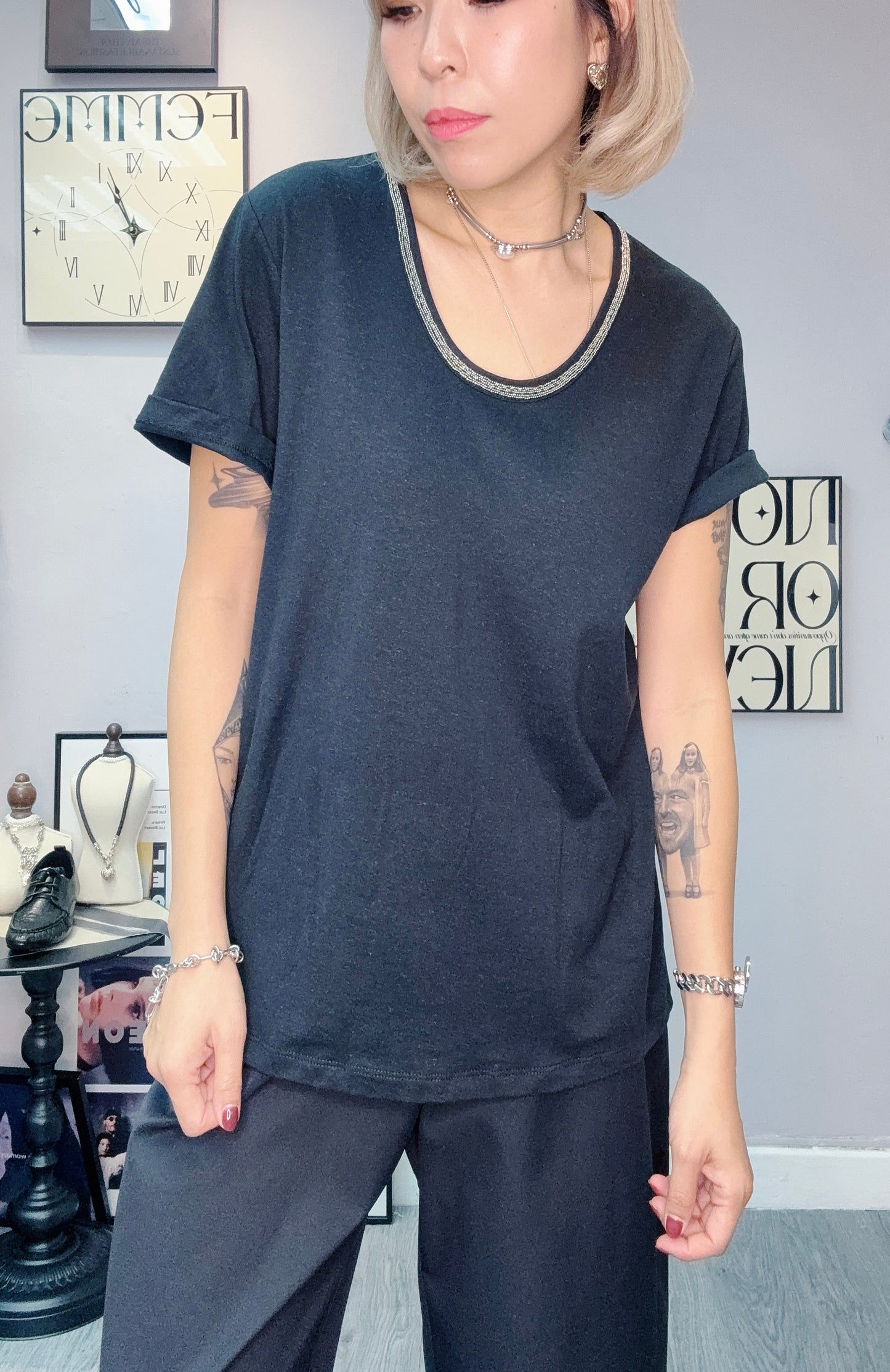 Silver round collar tee #00455