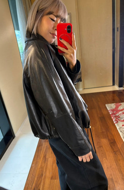 Shirt collar leather zip jacket