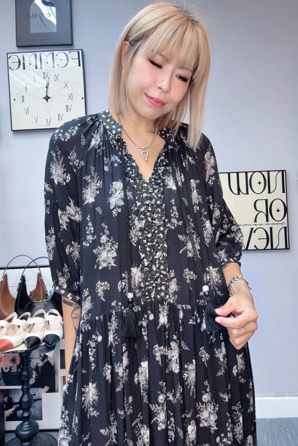 (A/W)White flower pattern chiffon one piece#00839