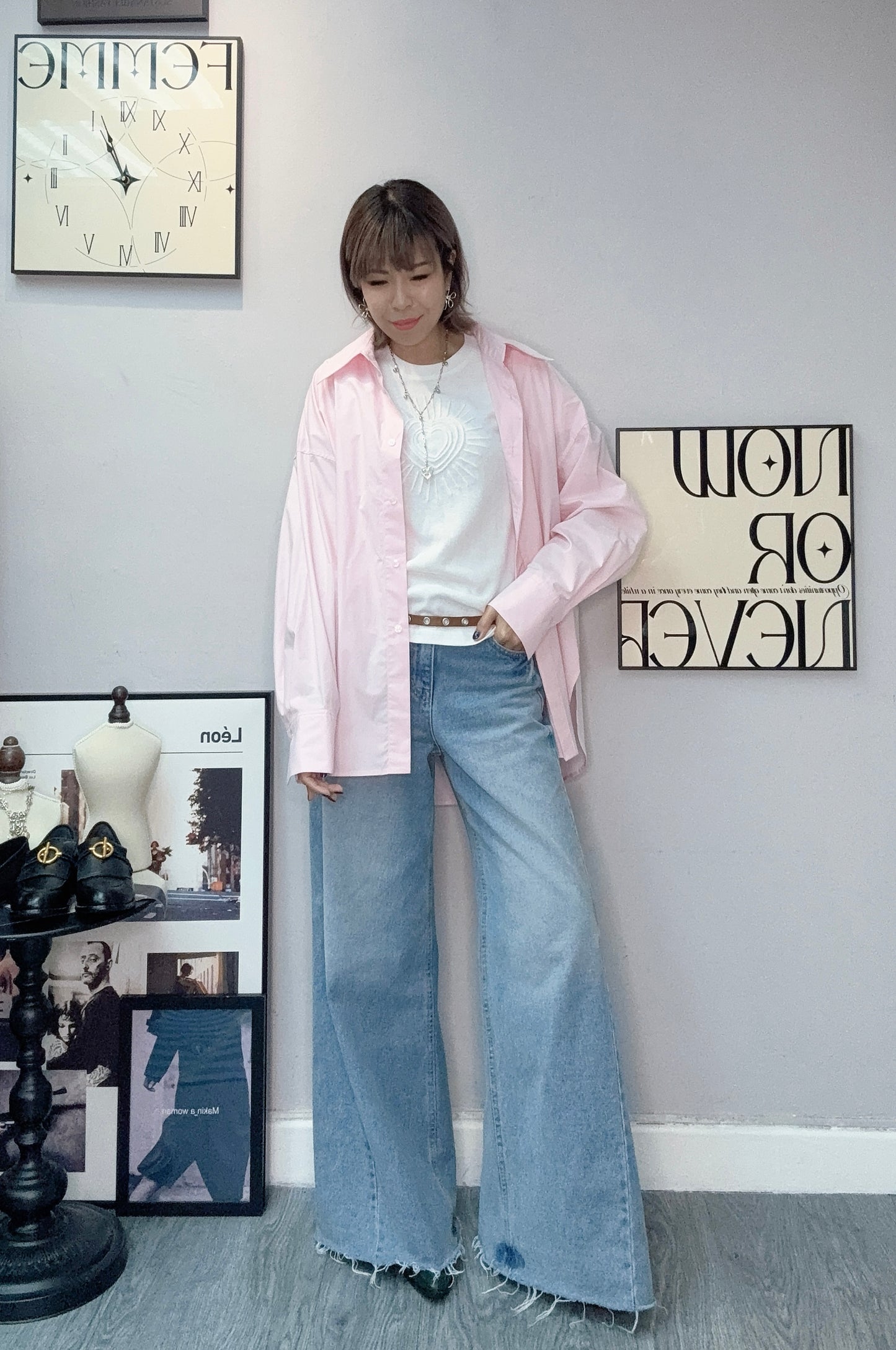 Back tag plain loose shirt #00402