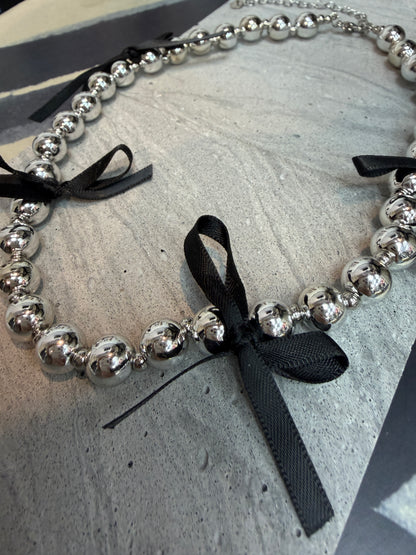 Black ribbon silver beads necklace