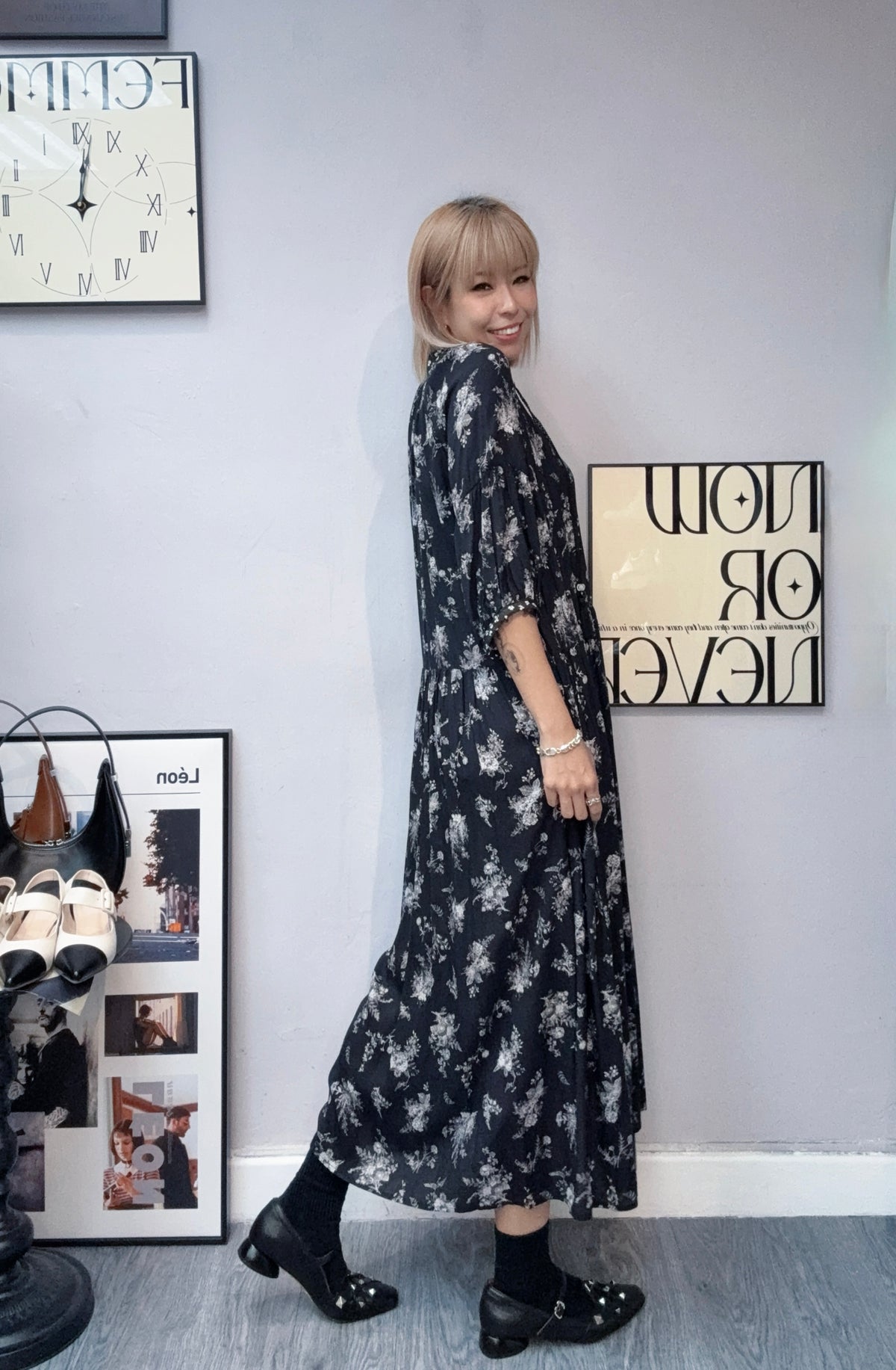 (A/W)White flower pattern chiffon one piece#00839