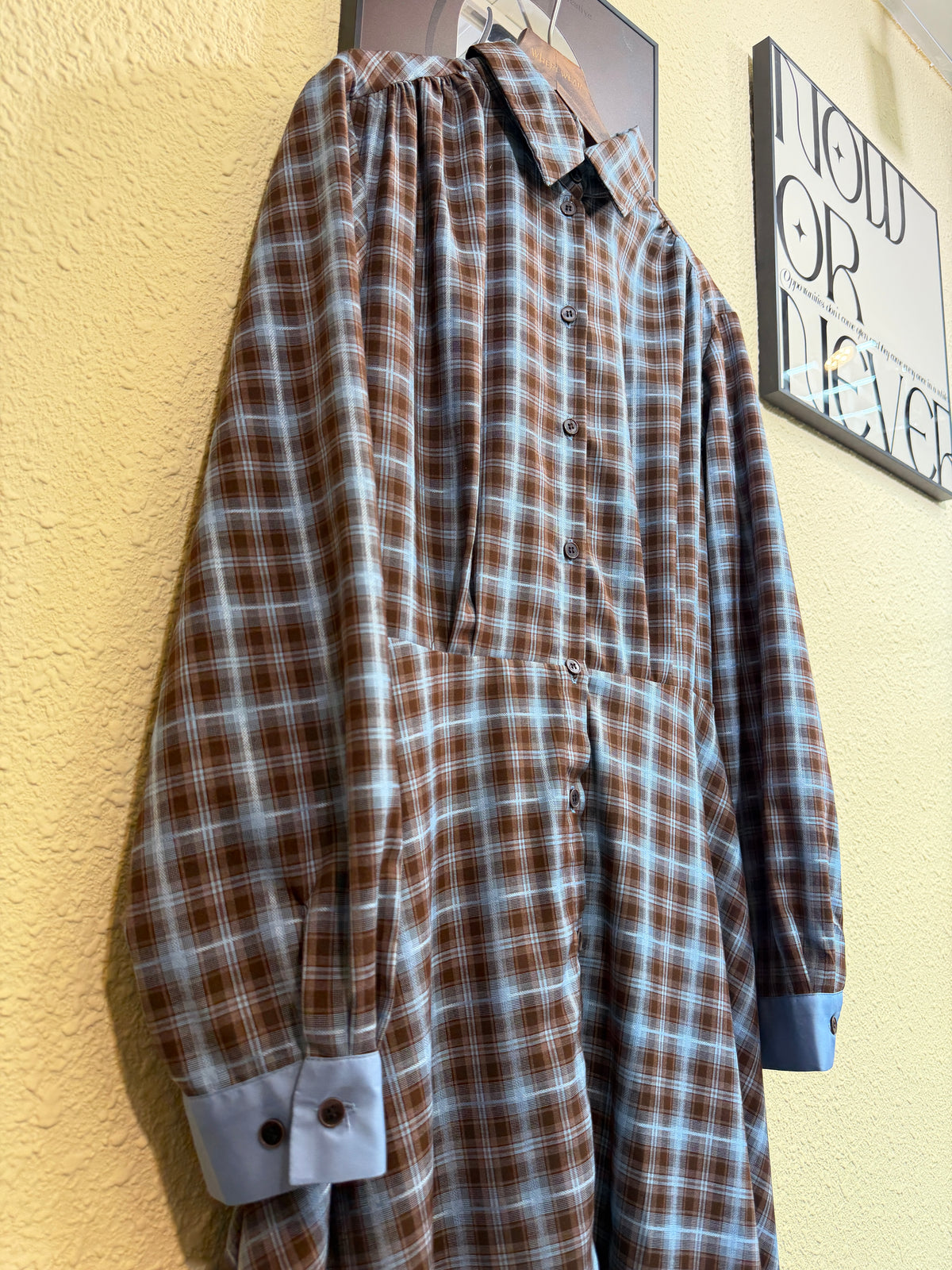 Checkered silky shirt collar one piece #00977