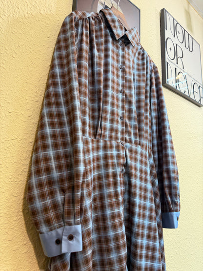Checkered silky shirt collar one piece #00977
