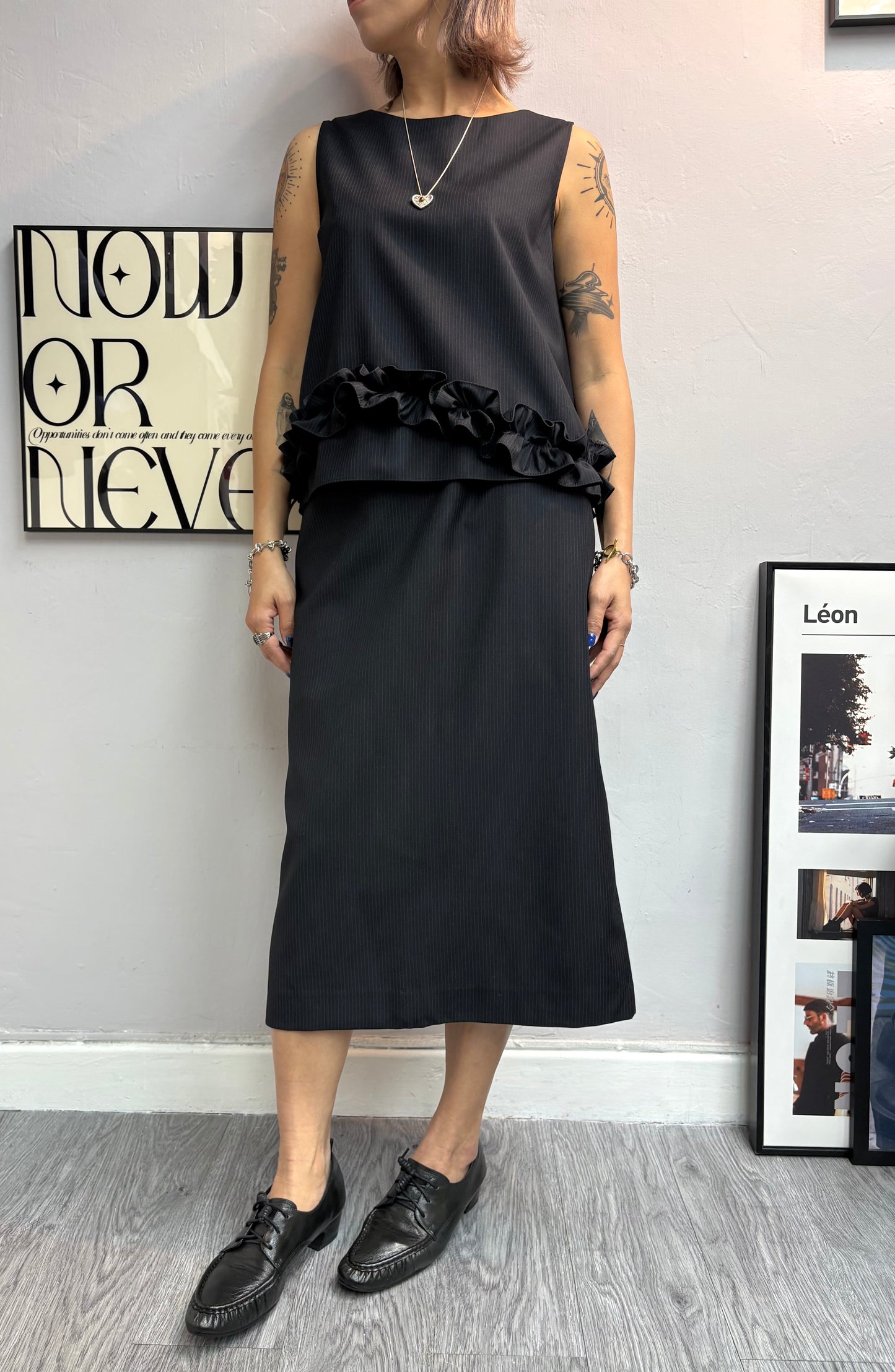 Ruffle hem stripe vest +skirt Set#00432