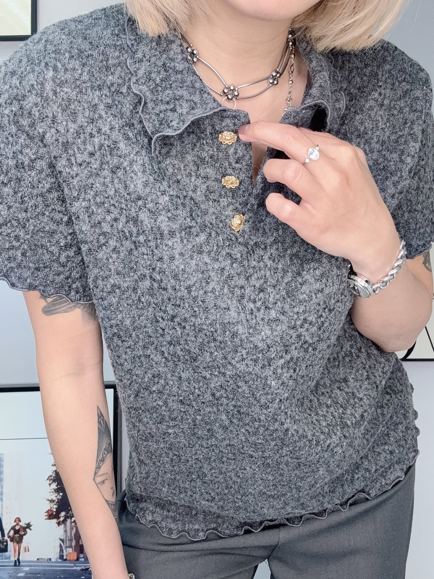 Gold buttons full lace polo top #00198