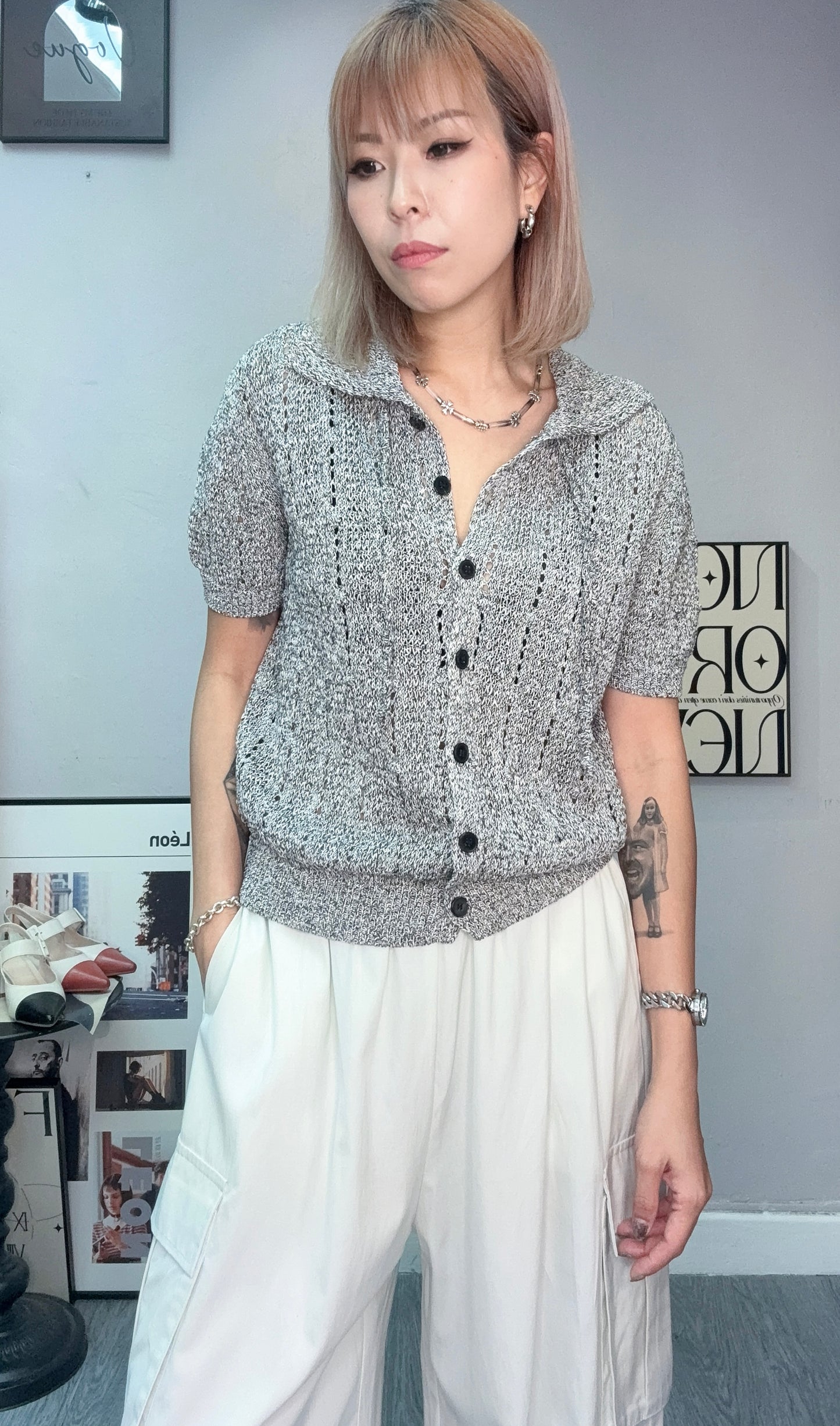 Shirt collar embroidery knit cardigan #00682