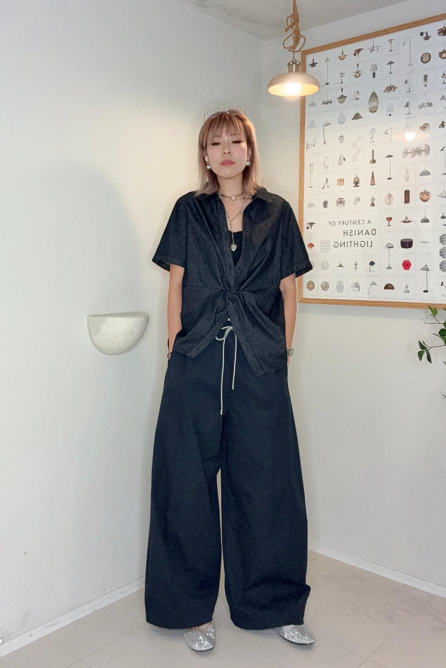 Black and white rope loose pants #00670