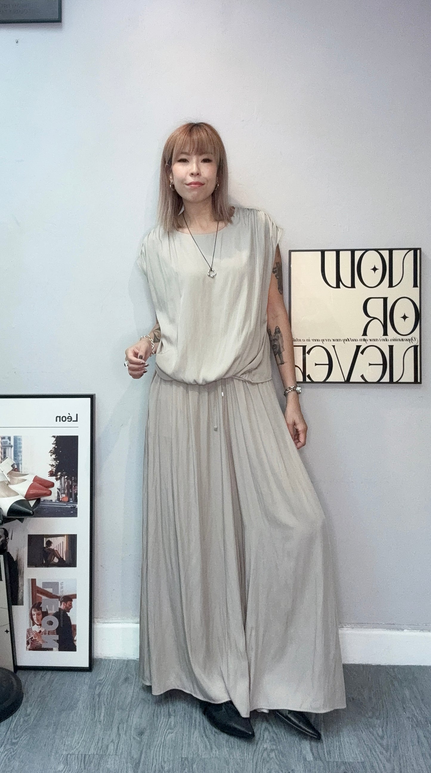 Puff hem silky cap sleeves top #00750