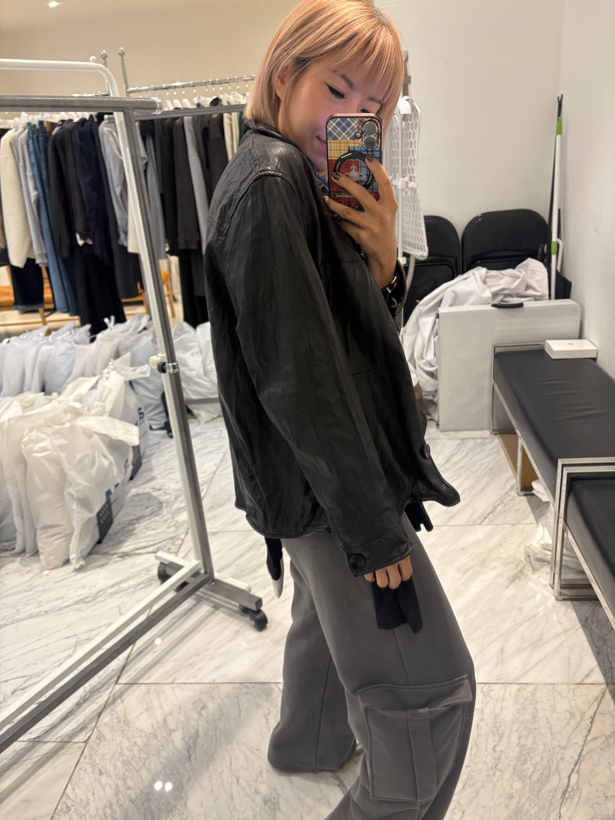 👍🏻Wire collar and hem lambskin leather jacket #00988