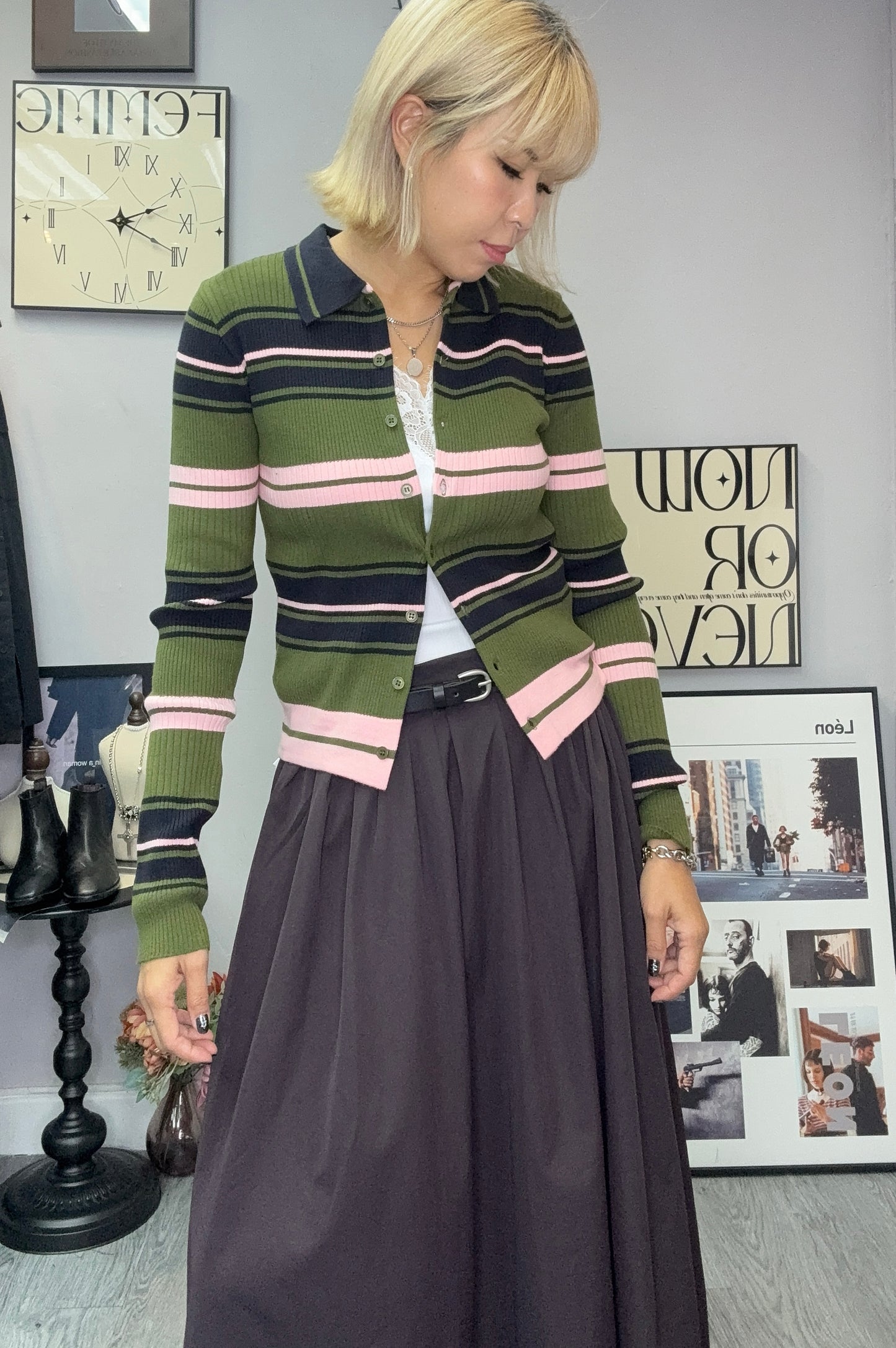 Striped fine knit cardigan