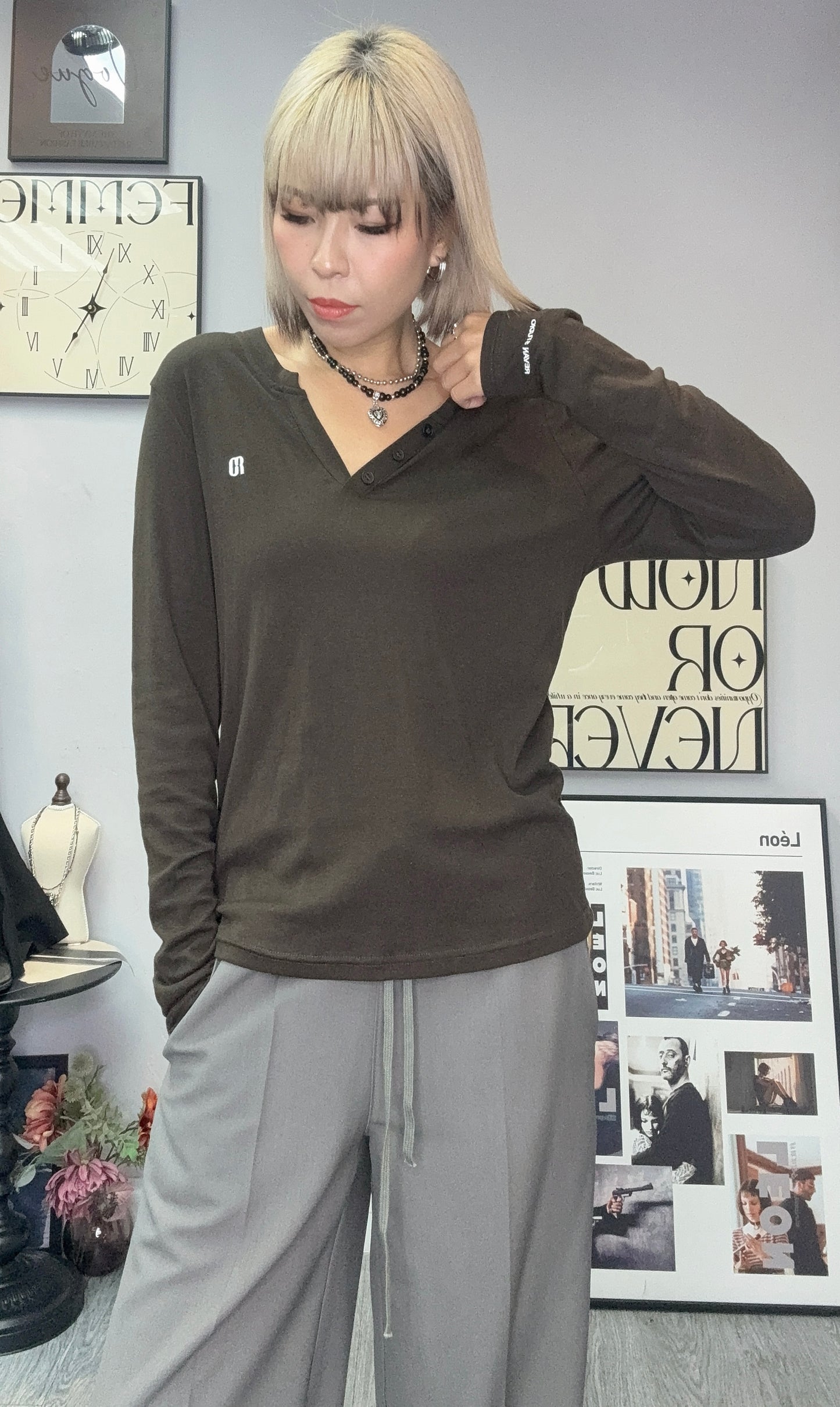 V neck embroidered logo top