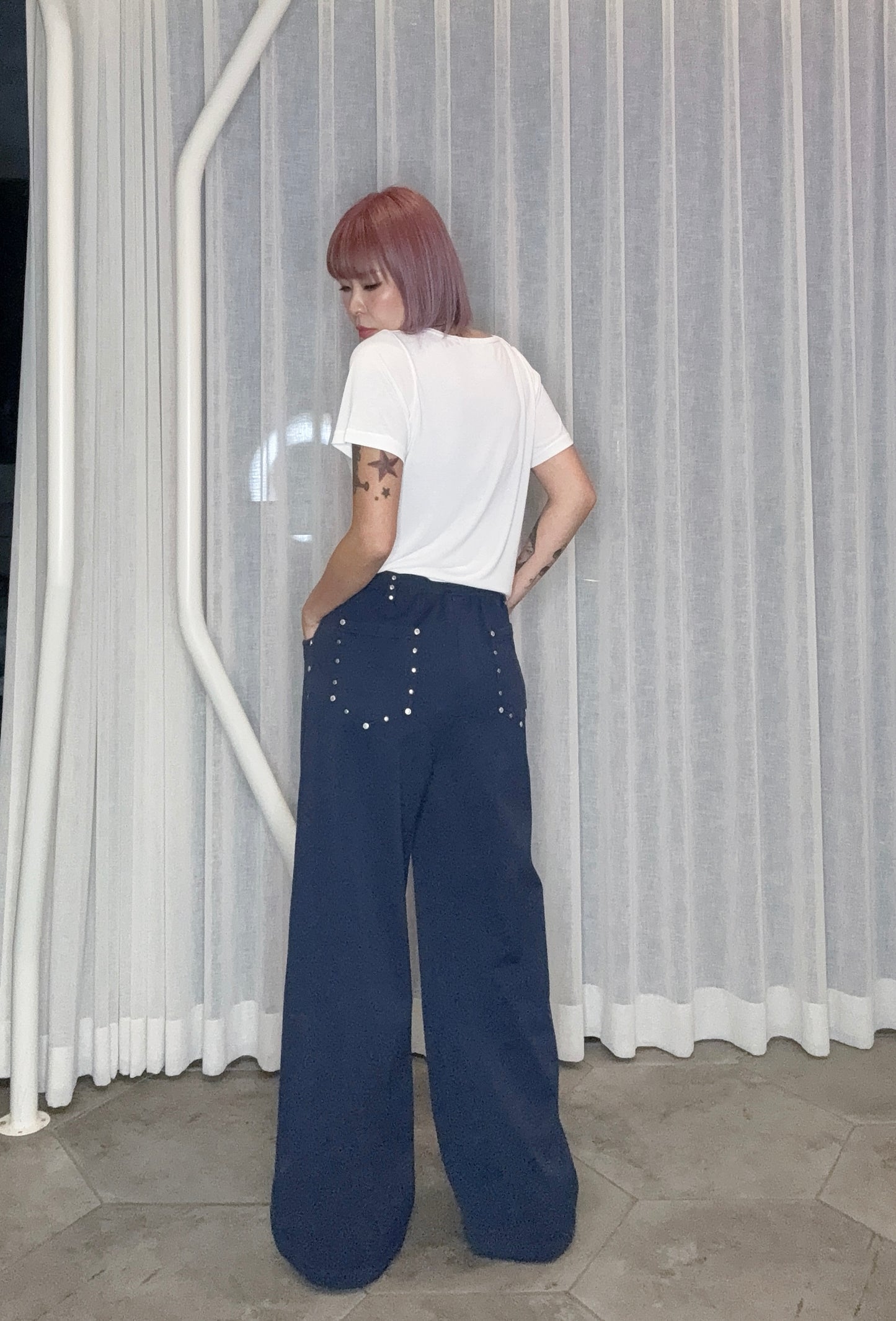 With beads pockets cotton pants #00809