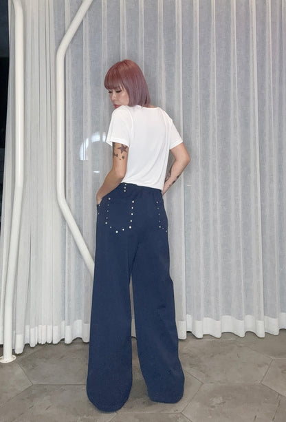With beads pockets cotton pants #00809