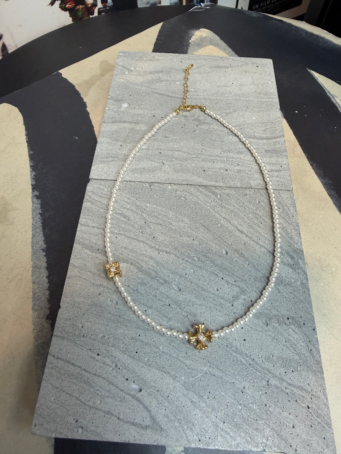 Mini pearl cross necklace