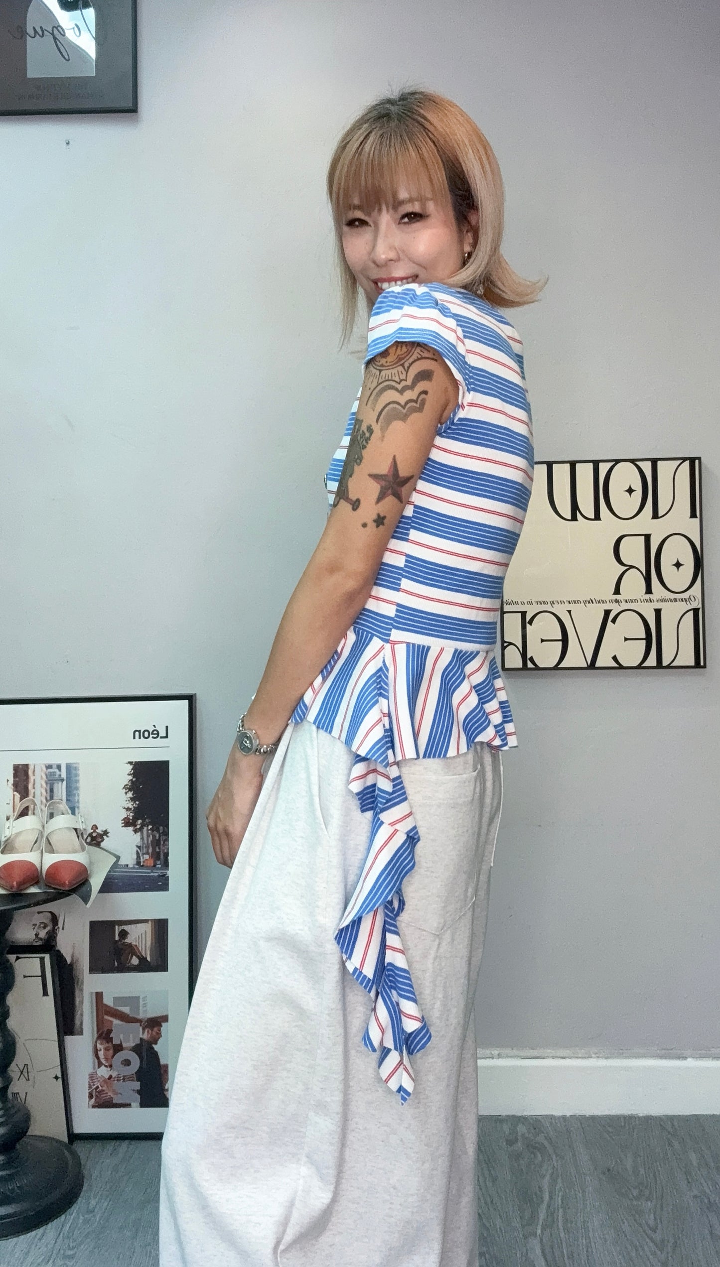 Ruffle hem striped tee #00760