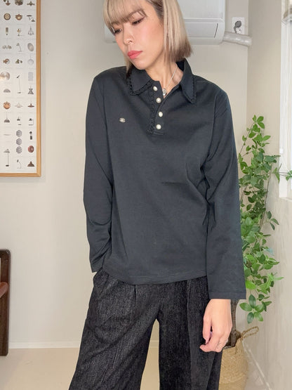 Pearl buttons polo lace collar top #00016