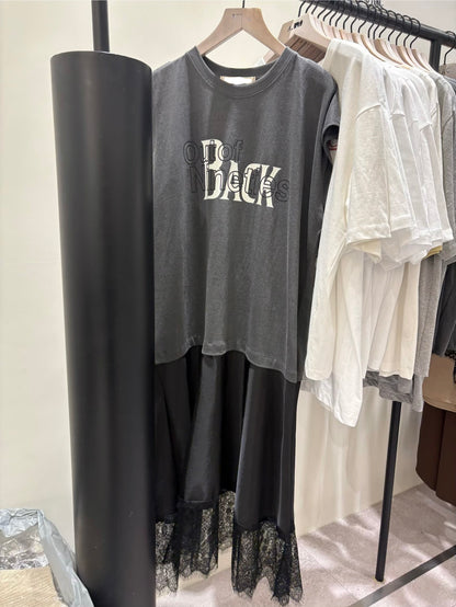 Words sleeves tee X satin lace bottom one piece #00519