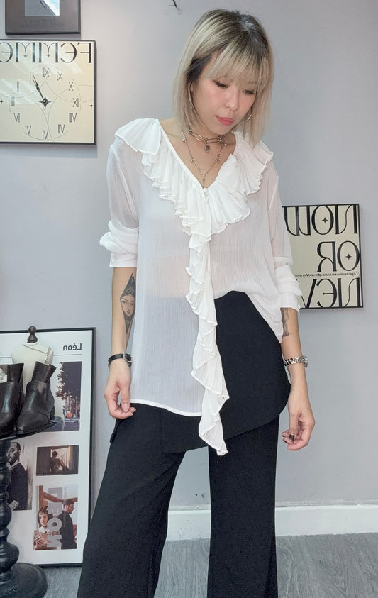 Pleated ruffle v neck chiffon top #00335