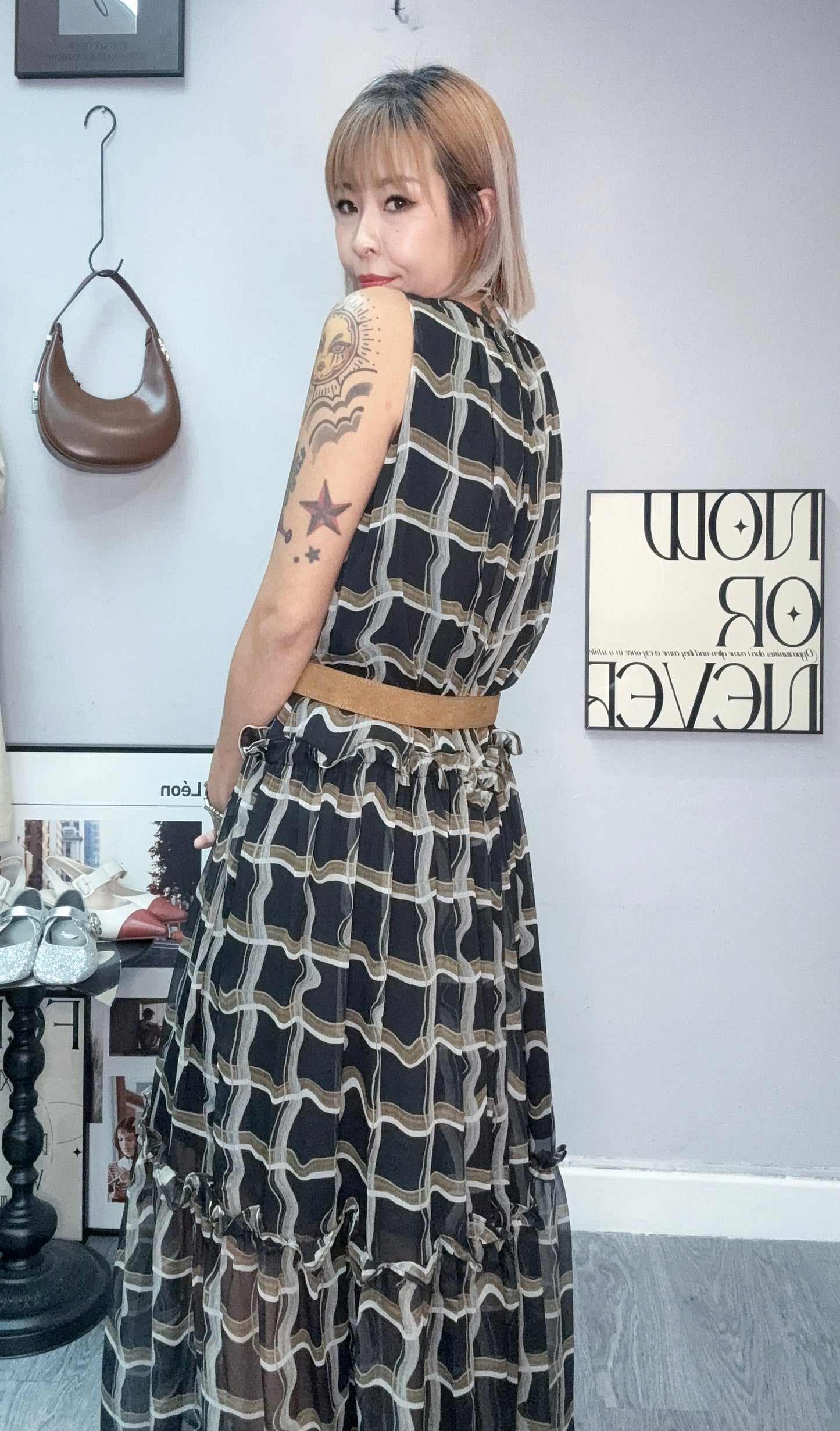 Checked chiffon one piece #00790