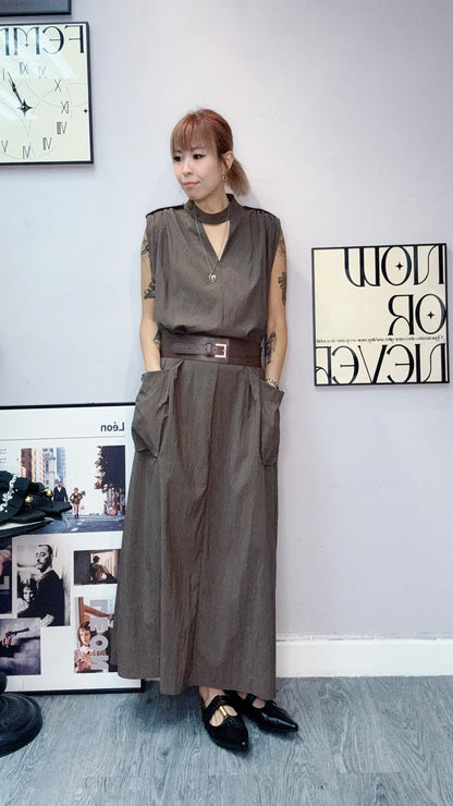 With belt v neck tank windbreaker fabric one piece #00606