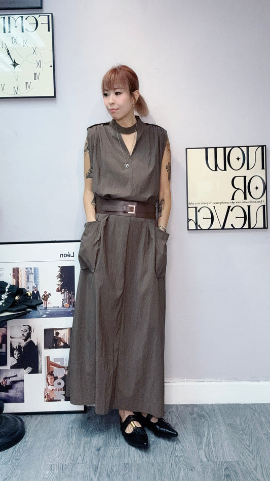 With belt v neck tank windbreaker fabric one piece #00606