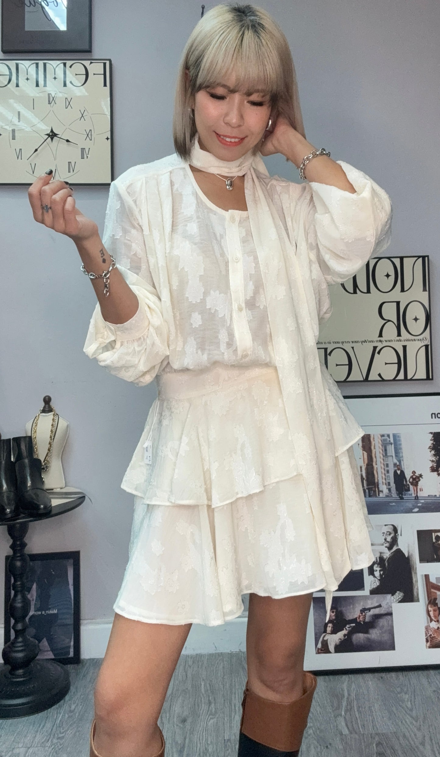 Front tie chiffon floral short one piece #00051