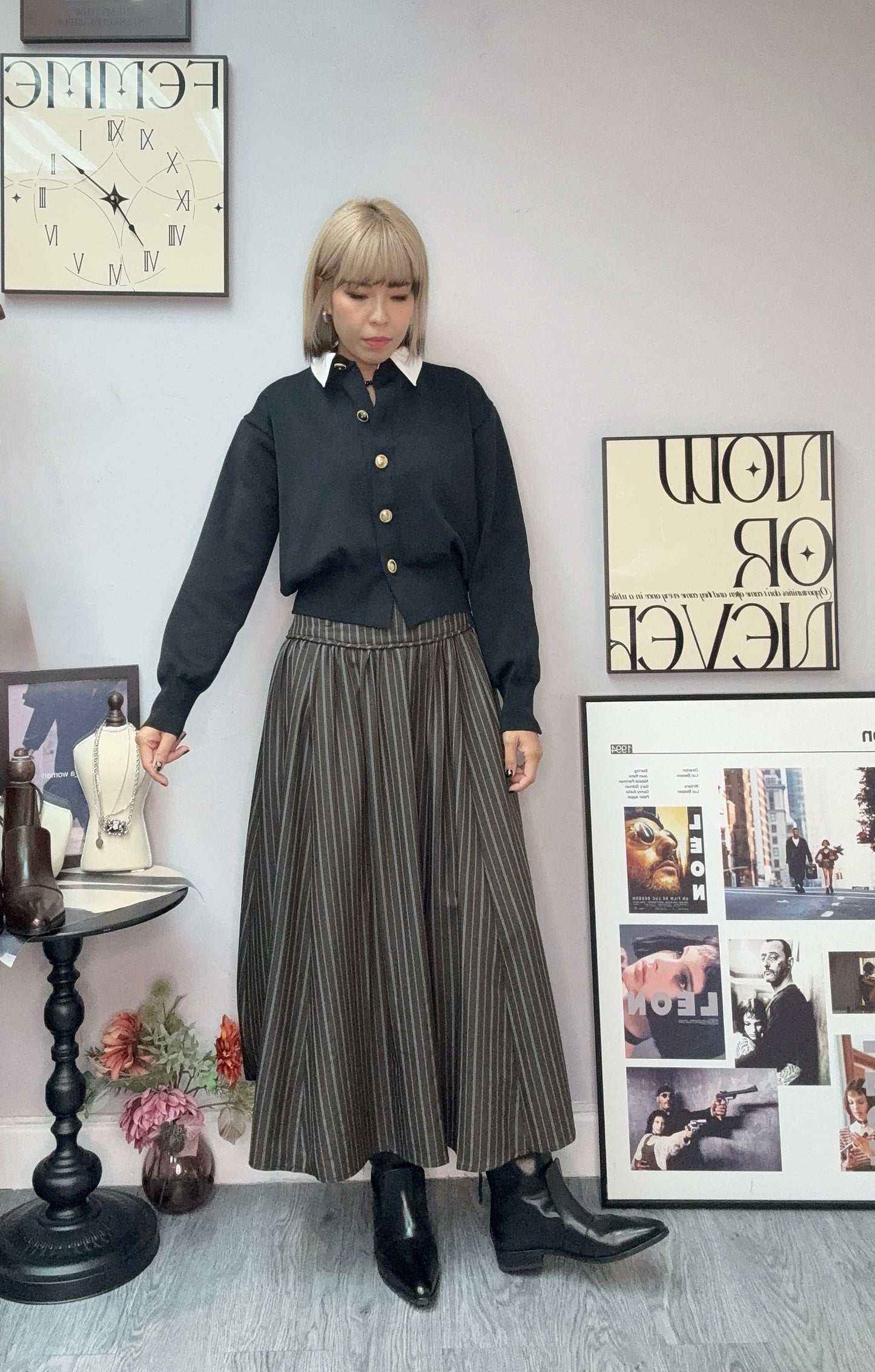 Shirt collar gold button cardigan