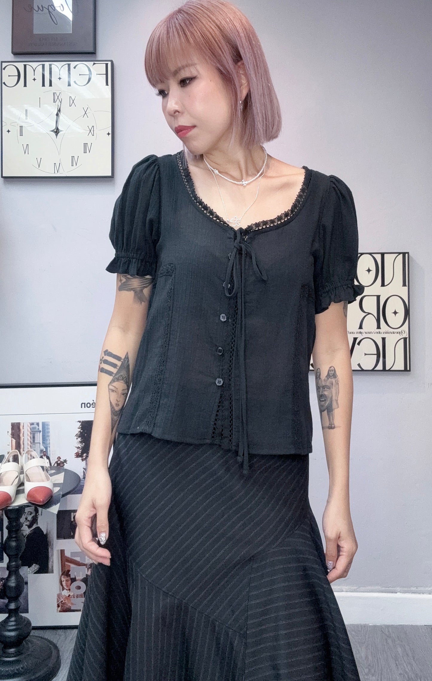 Puff short sleeves lace trim blouses #00653