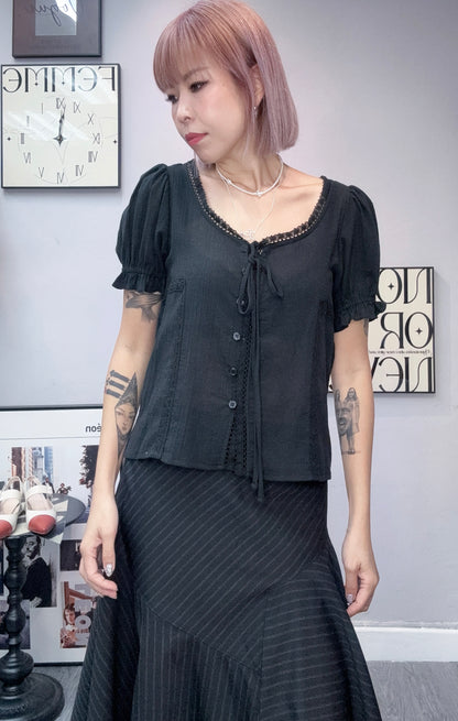 Puff short sleeves lace trim blouses #00653