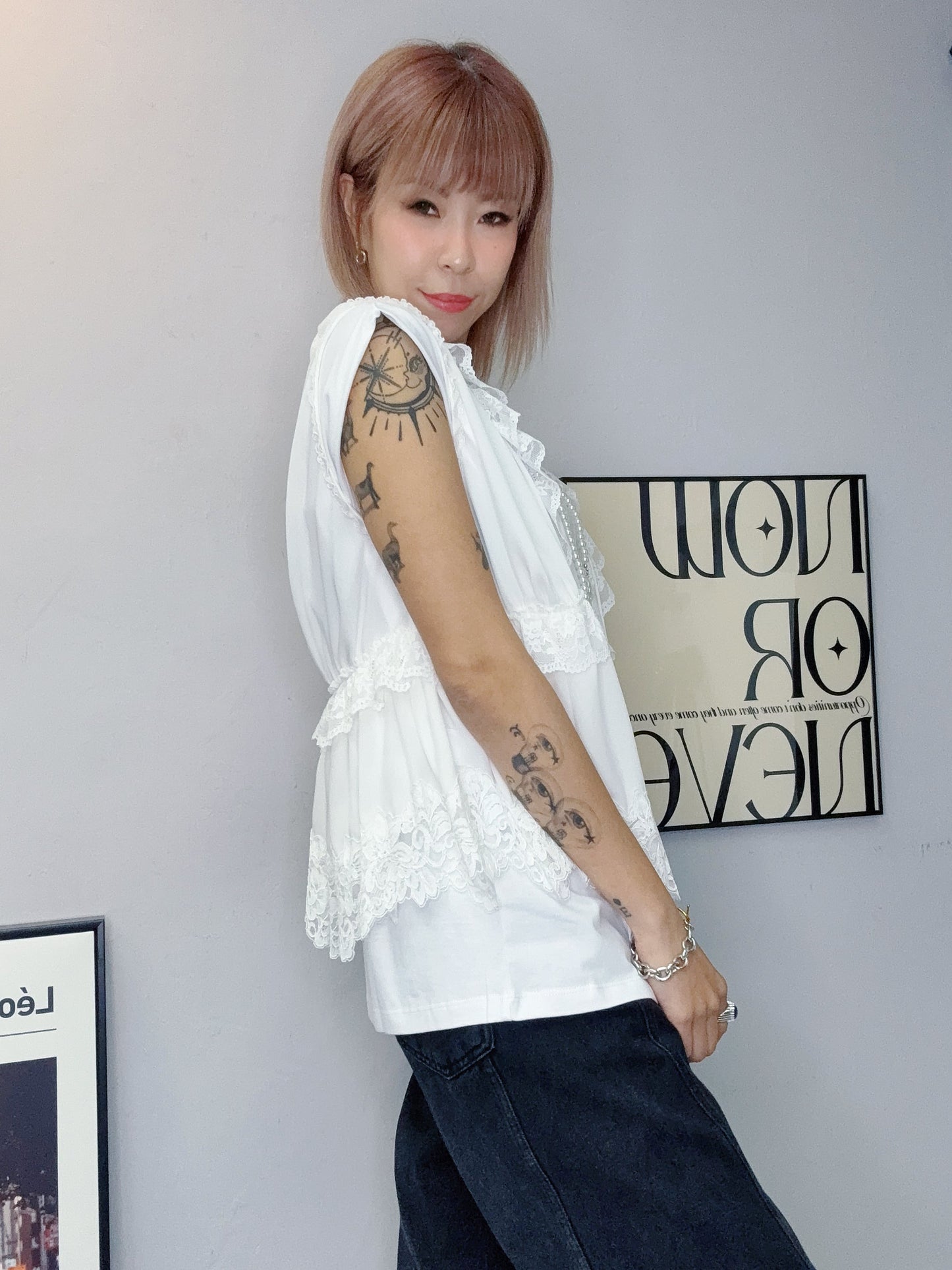 Lace ruff premium chiffon tank blouse #00623